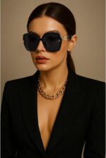 Oversized Black Square Sunglasses with Gold Trim