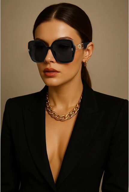 Oversized Black Square Sunglasses with Gold Trim