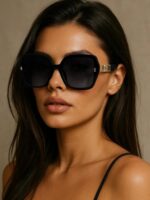 Oversized Black Square Sunglasses with Gold Trim
