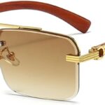 Rimless Square Gold Frame Sunglasses — Wood Temples