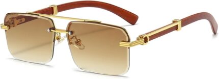 Rimless Square Gold Frame Sunglasses — Wood Temples