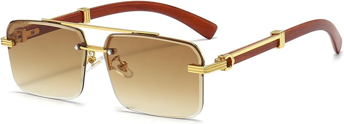 Rimless Square Gold Frame Sunglasses — Wood Temples Rimless Square Gold Frame Sunglasses — Wood Temples