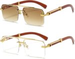 Rimless Square Gold Frame Sunglasses — Wood Temples