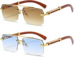 Rimless Square Gold Frame Sunglasses — Wood Temples