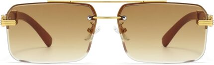 Rimless Square Gold Frame Sunglasses — Wood Temples