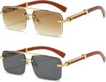 Rimless Square Gold Frame Sunglasses — Wood Temples