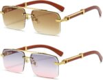 Rimless Square Gold Frame Sunglasses — Wood Temples